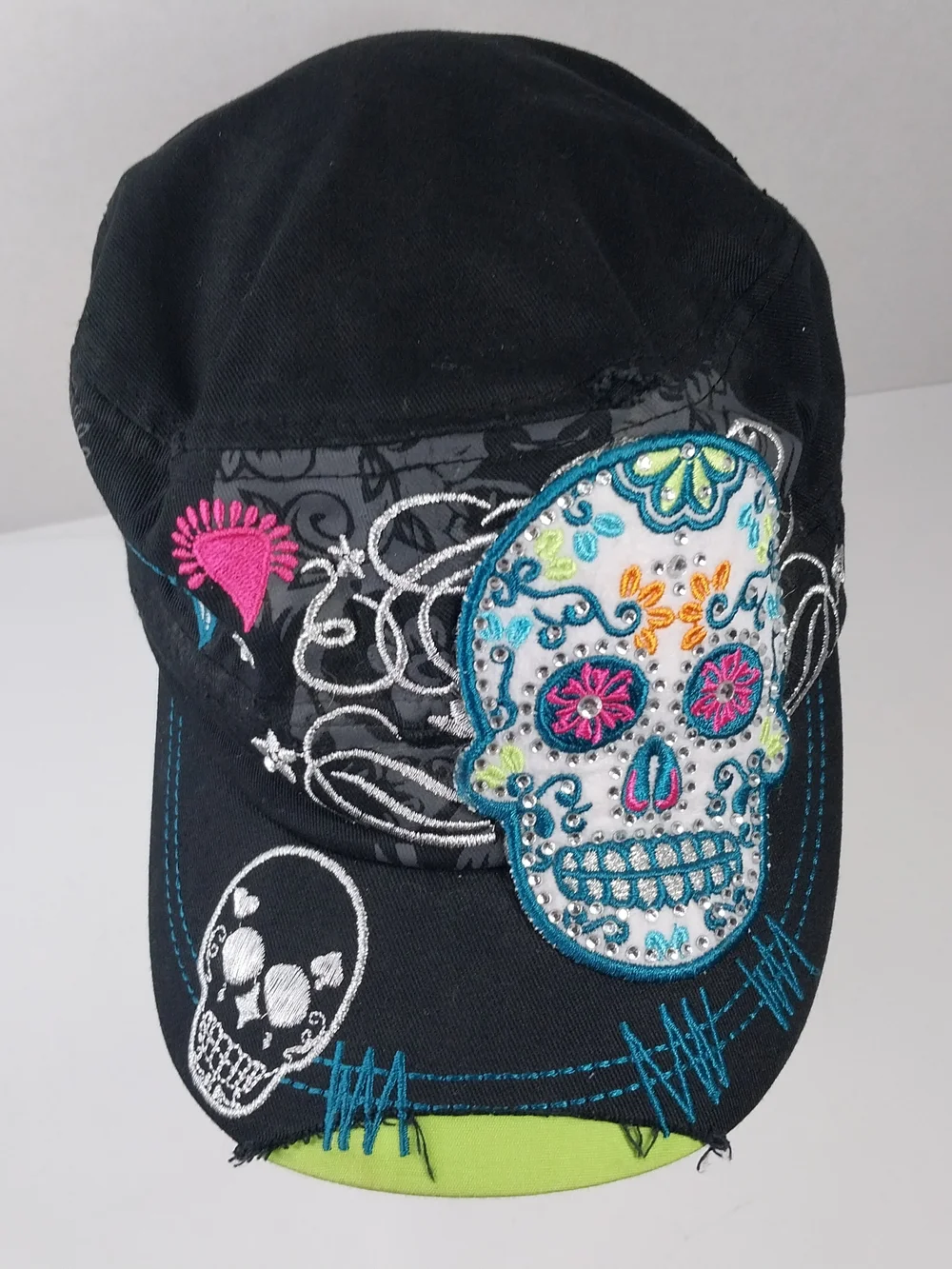 Leader Sugar Skull Embroidered Rhinestone Distressed Cadet Hat Adjustable cap - Picture 5 of 13